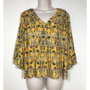 St Johns Bay V-Neck Top PXXL Mustard Floral 3/4 Sleeve Flowy Rayon Boho Bust 49"
